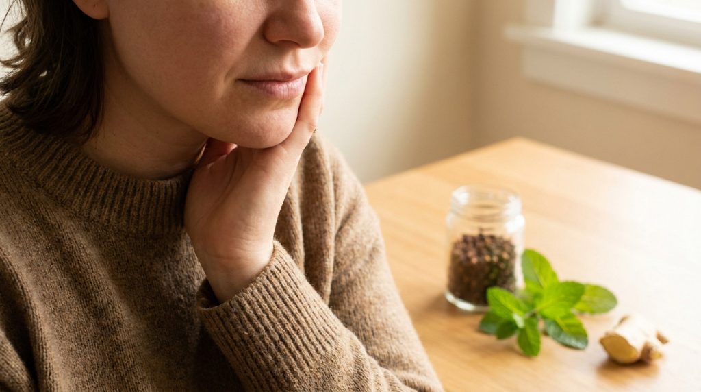 Une personne souffrant d'un mal de dents avec des remèdes naturels comme le clou de girofle, la menthe et le gingembre.