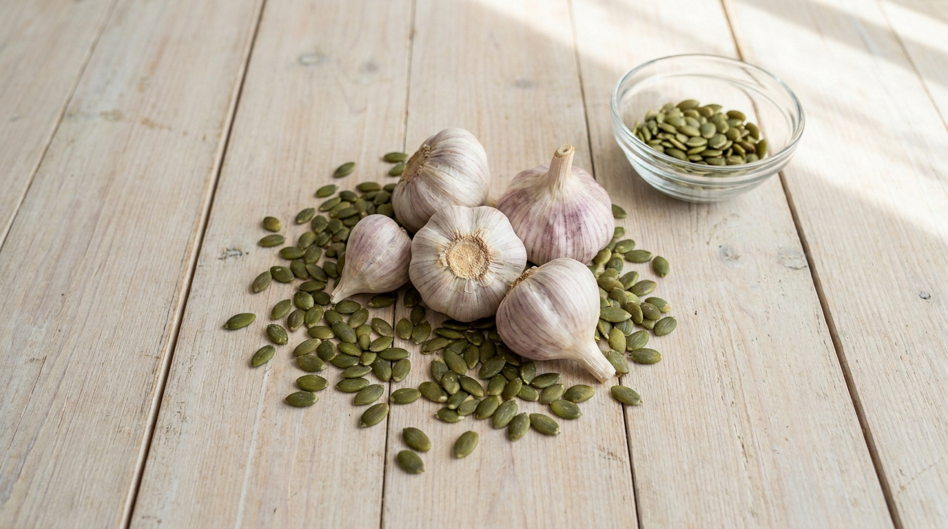 Bulbes d'ail et graines de courge sur une table en bois clair
