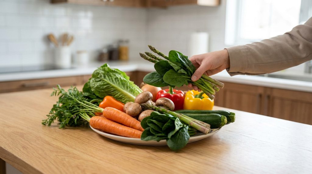 Une main saisit des asperges et des épinards frais au-dessus d'une assiette remplie de légumes crus sur une table de cuisine.