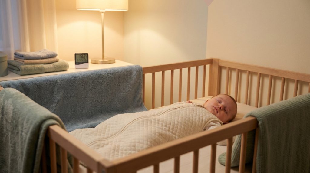 Bébé dormant paisiblement dans un berceau avec un thermomètre de chambre à proximité.