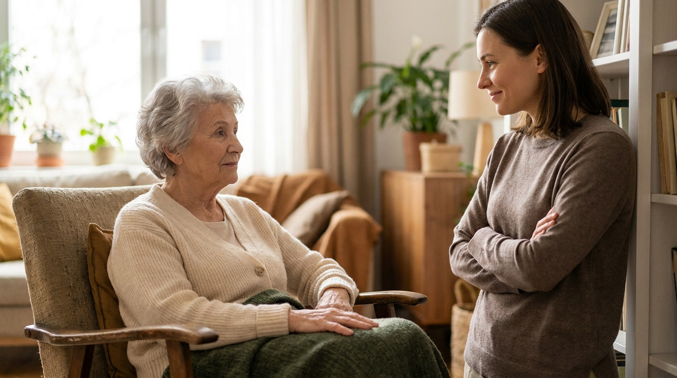 Une jeune femme bienveillante regarde affectueusement une dame âgée assise dans un fauteuil confortable.