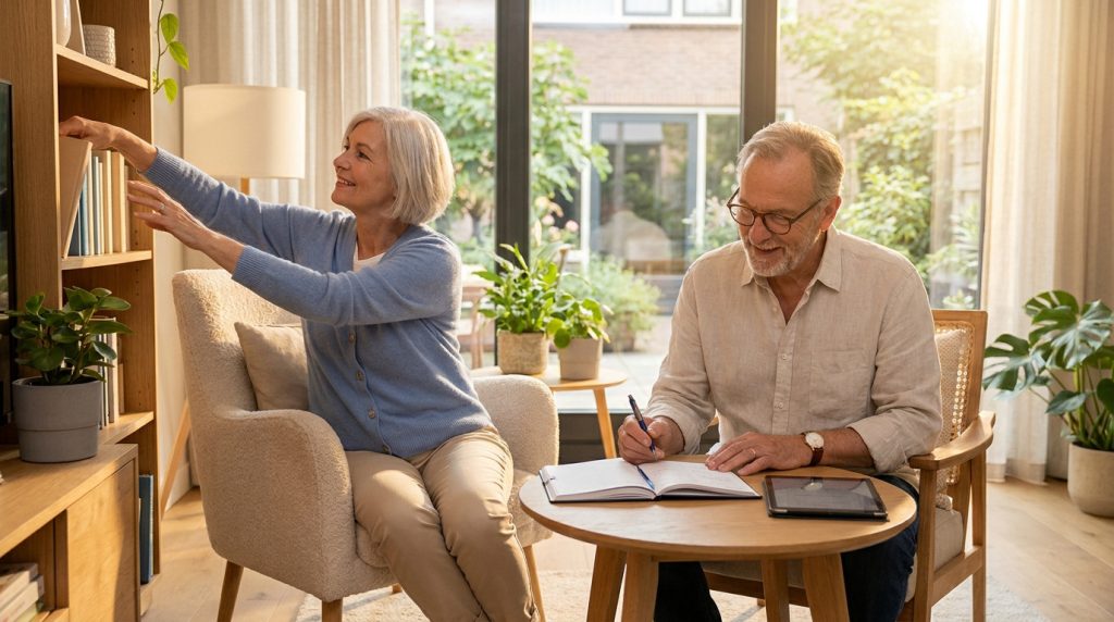 Un couple de seniors souriants dans un salon lumineux, la femme rangeant un livre et l'homme écrivant dans un carnet.