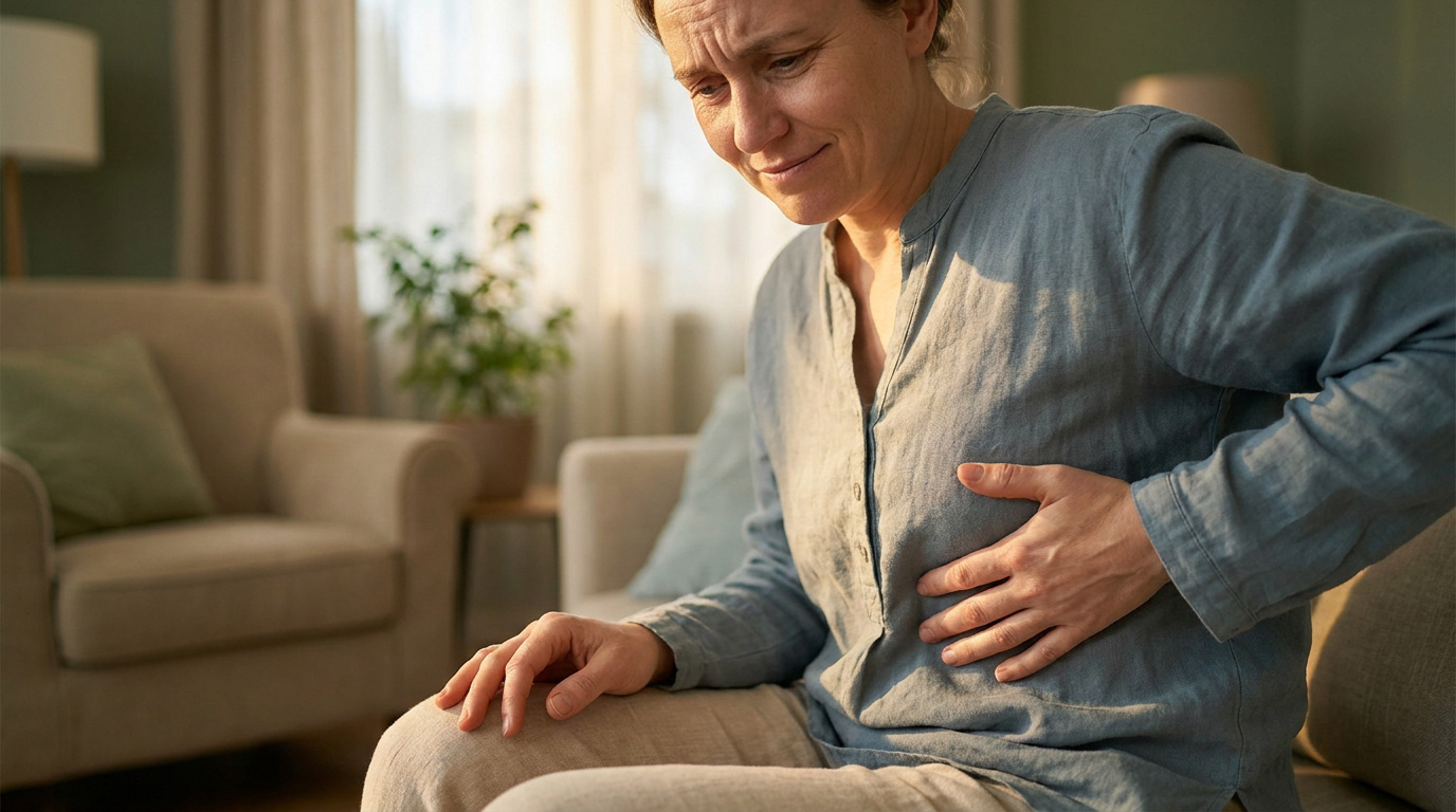 Une femme assise sur un canapé, tenant sa poitrine avec une expression de douleur, suggérant une côte fracturée.