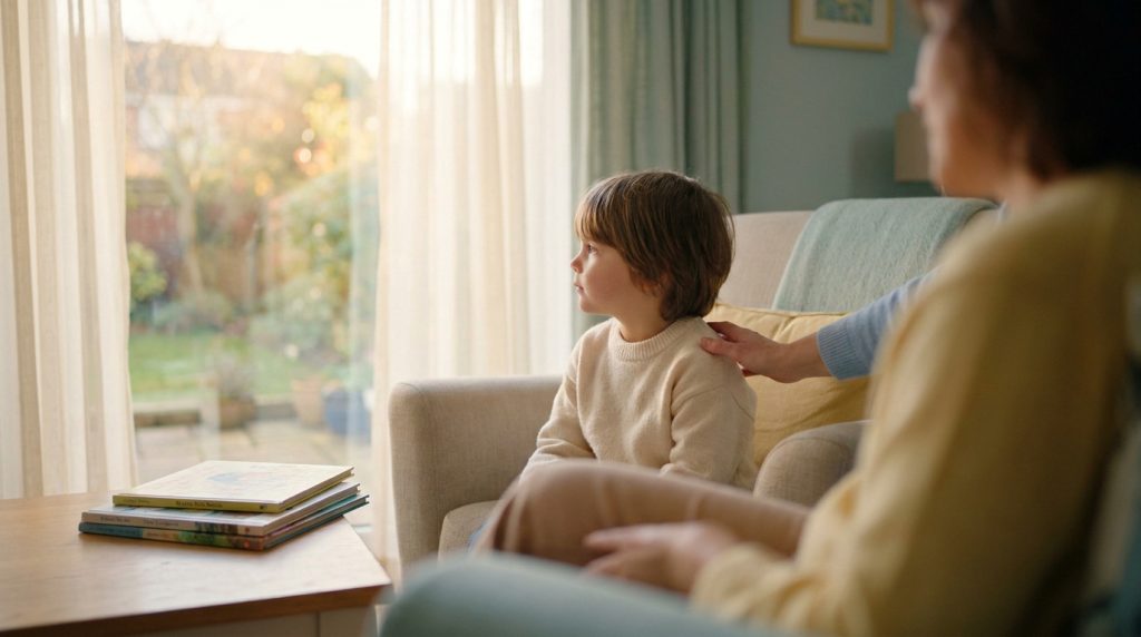 Un jeune enfant assis sur un fauteuil, regardant par la fenêtre, avec la main rassurante d'un parent posée sur son épaule.