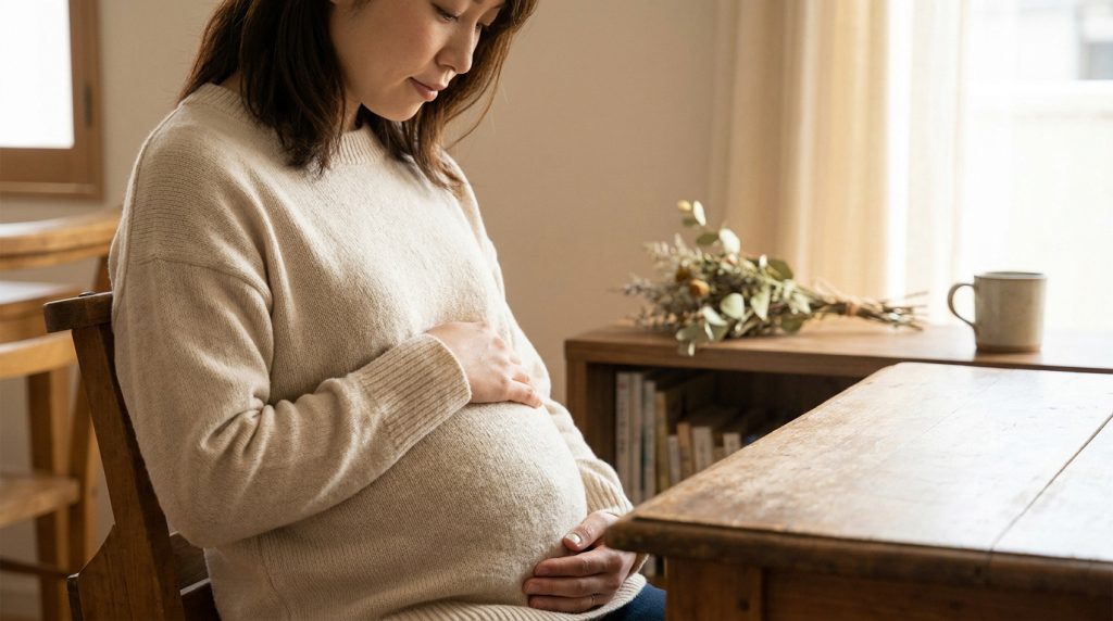 Une femme enceinte assise à une table en bois, les mains posées tendrement sur son ventre.