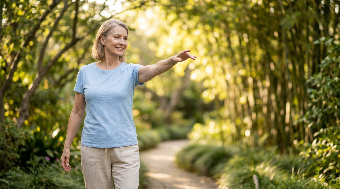 Une femme mature souriante marchant dans un jardin luxuriant et tendant le bras vers l'avant.
