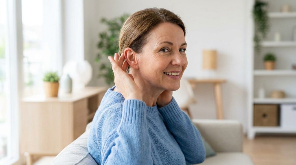 Une femme souriante assise sur un canapé touche son oreille, illustrant des préoccupations liées à l'audition.