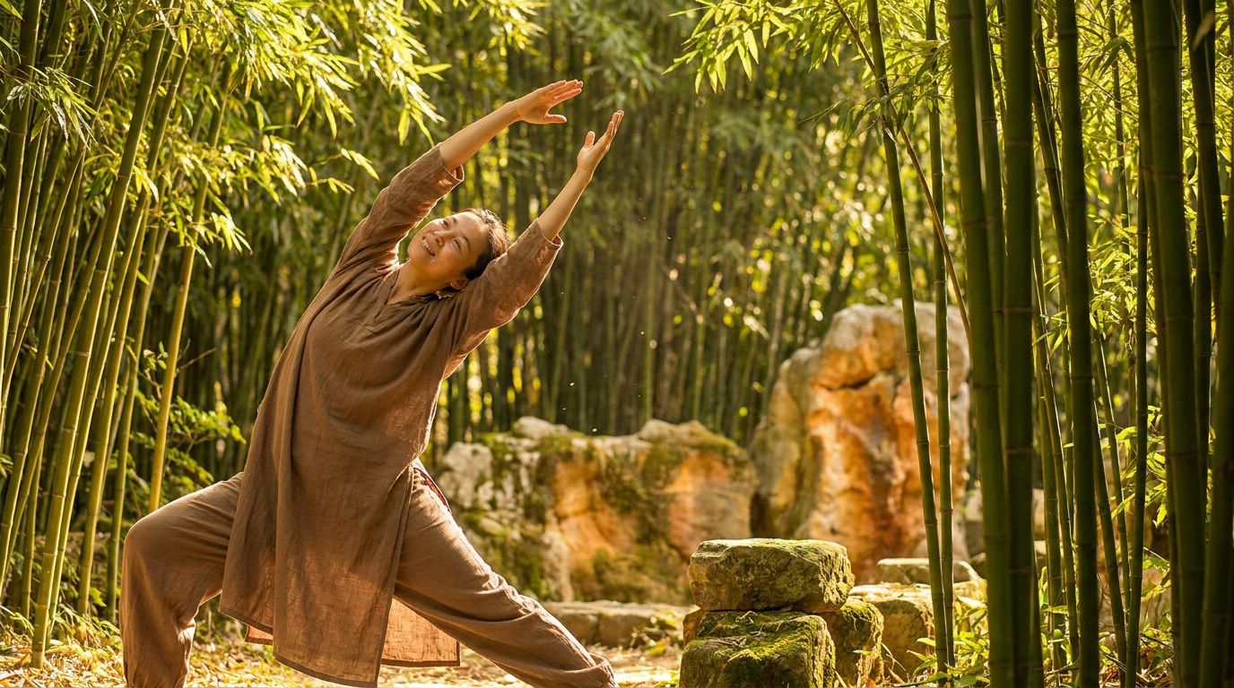 Femme pratiquant le yoga dans une forêt de bambous, évoquant la souplesse et le bien-être naturel.