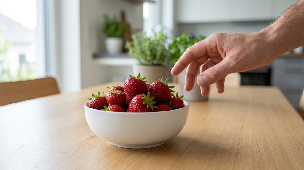 Une main s'approche d'un bol rempli de fraises fraîches posé sur une table en bois dans une cuisine.