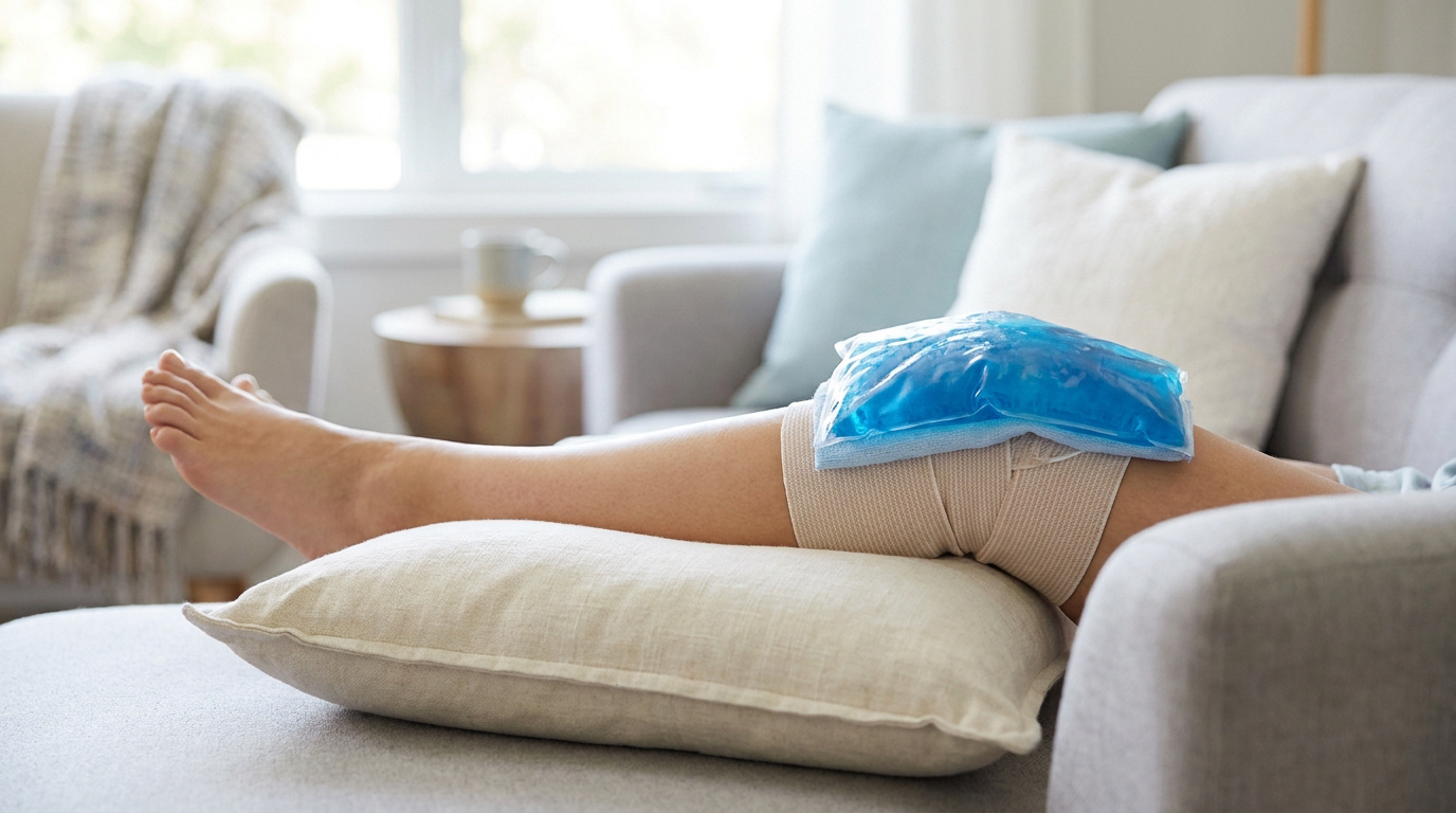 Une personne assise sur un canapé avec une poche de glace sur le genou bandé, surélevé sur un coussin pour réduire l'oedème.