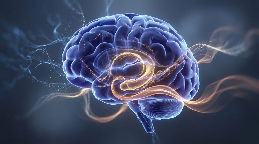Représentation numérique d'un cerveau humain mettant en évidence l'hippocampe avec des particules lumineuses.