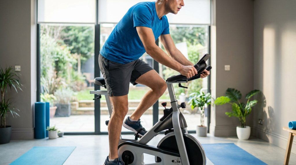 Un homme en t-shirt bleu fait du vélo d'appartement dans un salon lumineux.