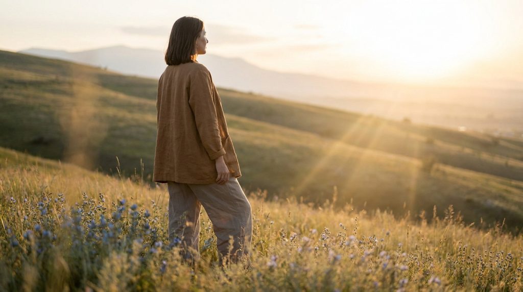 Une femme regarde le coucher du soleil dans un champ de fleurs, symbolisant l'espoir et la résilience.