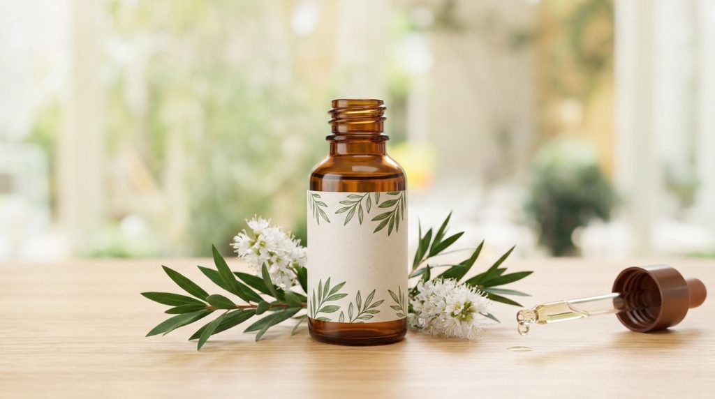 Flacon d'huile essentielle ambré avec des fleurs blanches sur une table en bois et une pipette qui goutte.