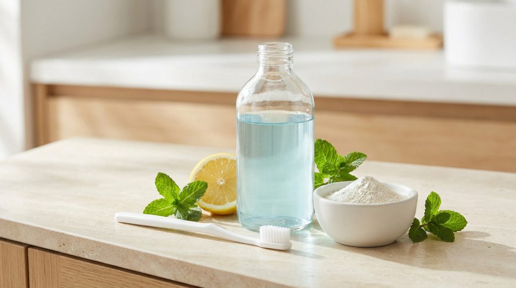 Bouteille de bain de bouche, citron, menthe et bicarbonate de soude sur une table.