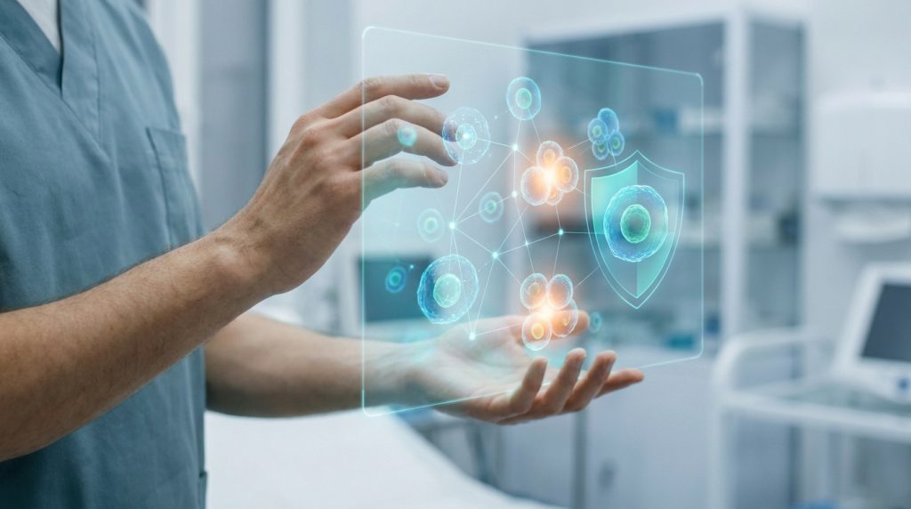 Un professionnel de santé manipule une interface holographique montrant des cellules et un bouclier protecteur.