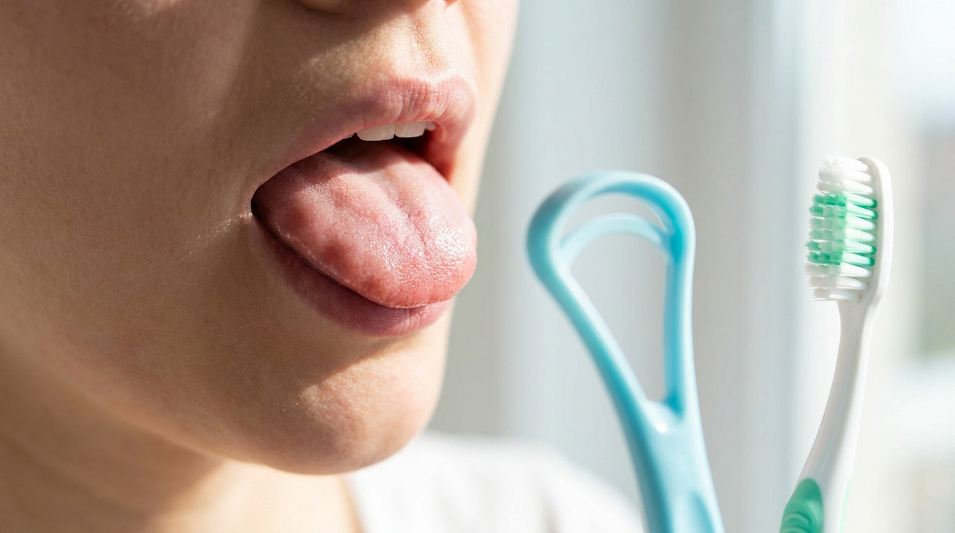 Une personne tire la langue à côté d'un gratte-langue bleu et d'une brosse à dents pour illustrer l'hygiène bucco-dentaire.