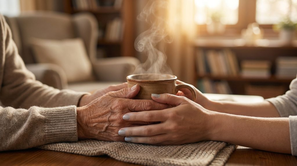 Mains d'une personne âgée et d'une personne jeune tenant une tasse fumante pour se réchauffer.