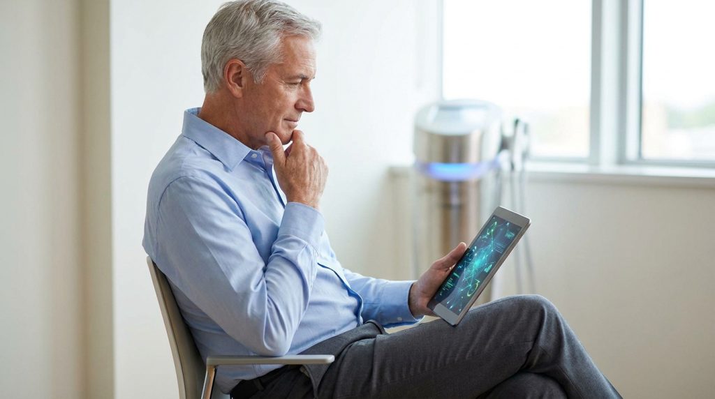 Un homme âgé assis dans un cabinet médical consulte des données de santé complexes sur une tablette numérique.