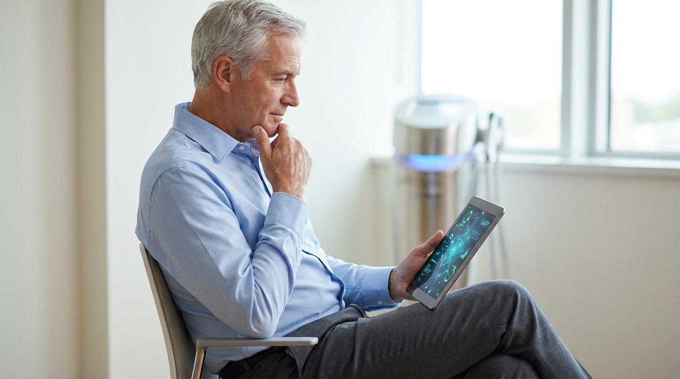 Un homme âgé assis dans un cabinet médical consulte des données de santé complexes sur une tablette numérique.