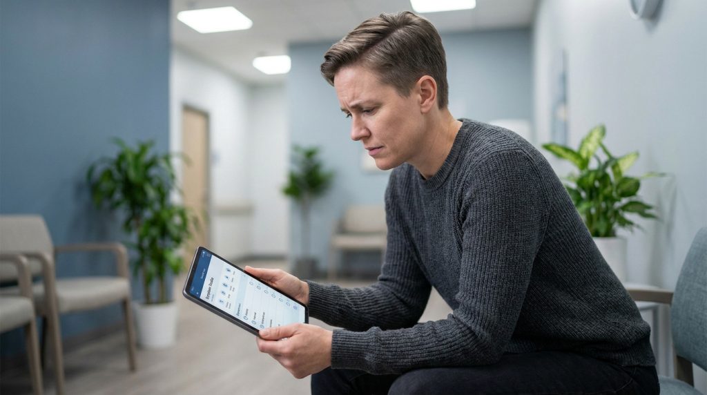 Une personne préoccupée assise dans une salle d'attente d'hôpital, consultant une tablette numérique.