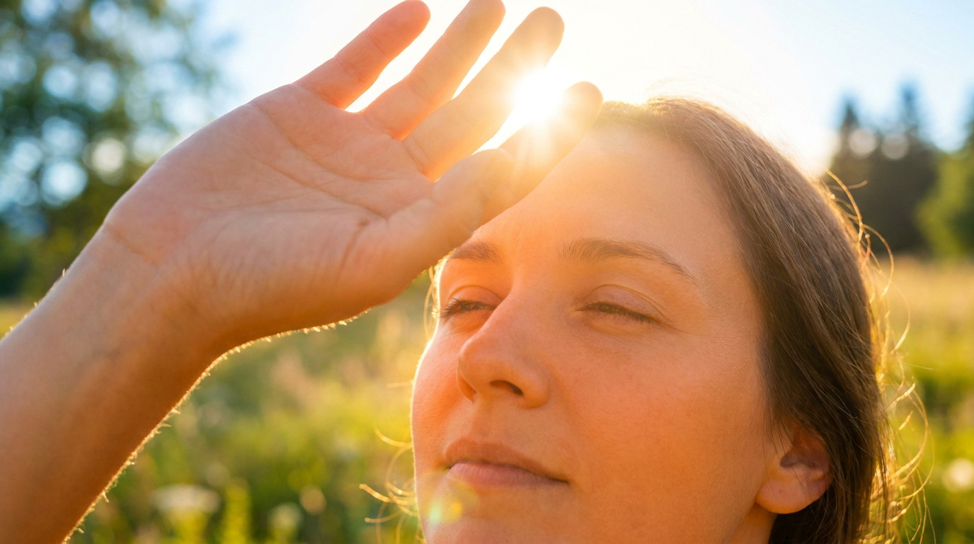 Une femme se protège les yeux du soleil éclatant avec sa main dans un champ ensoleillé.