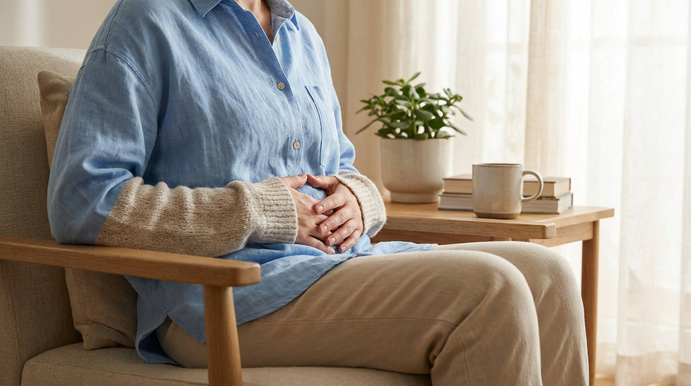 Une femme assise dans un fauteuil, les mains posées sur son ventre, évoquant une convalescence après une césarienne.