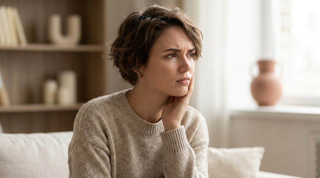 Jeune femme aux cheveux courts, portant un pull beige, l'air préoccupée en se touchant la joue et la gorge.