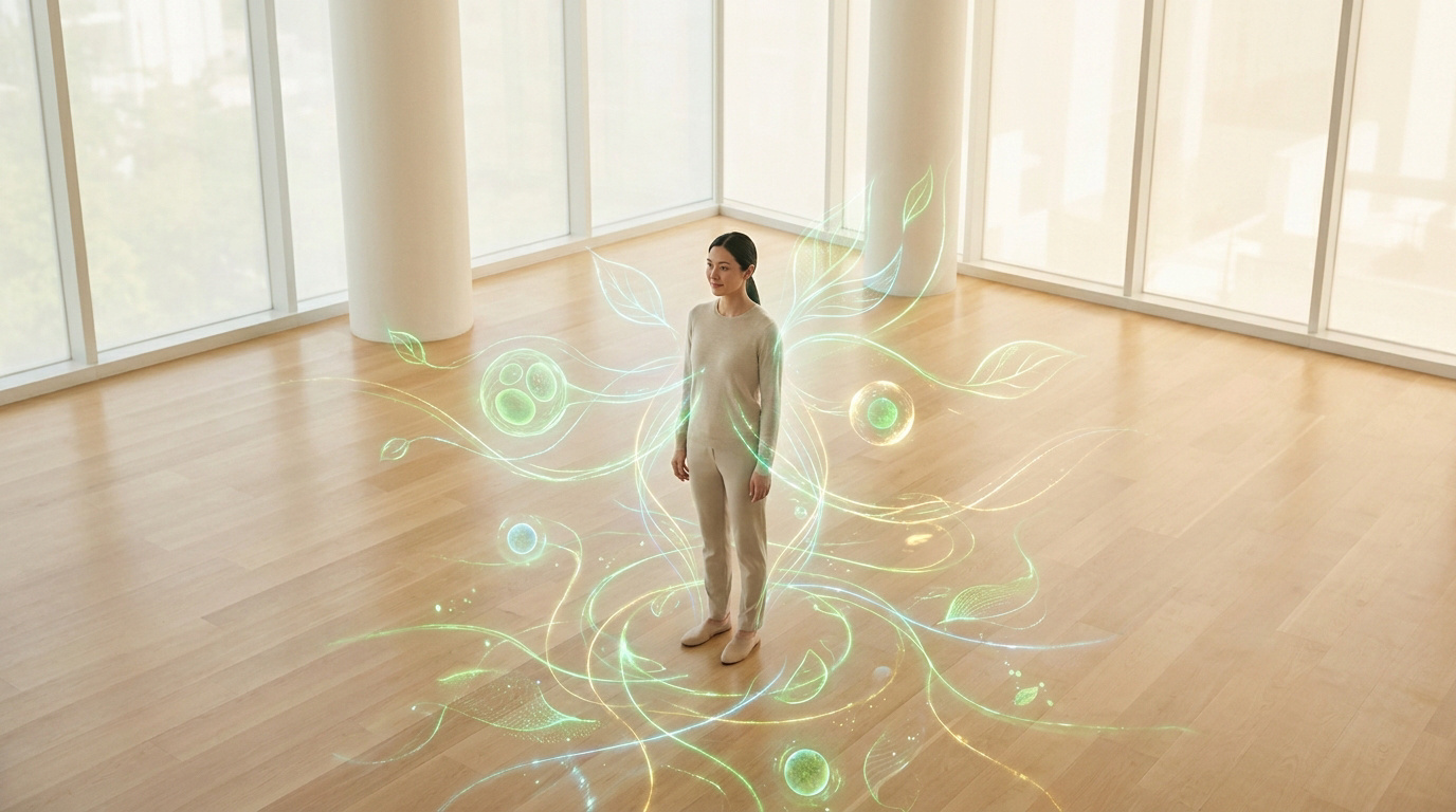 Femme debout dans une pièce lumineuse entourée d'une aura numérique représentant des cellules et des feuilles.