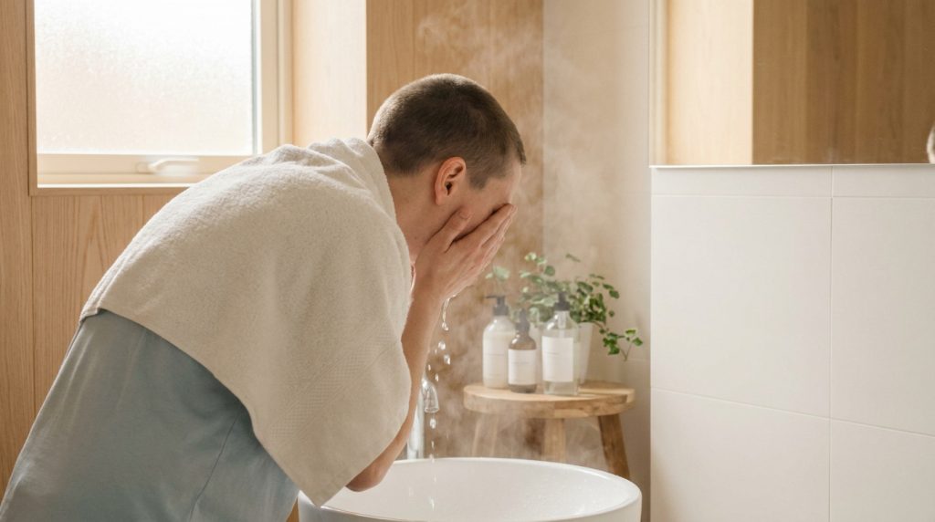 Un homme se lave le visage avec de l'eau chaude et de la vapeur dans une salle de bain lumineuse et minimaliste.