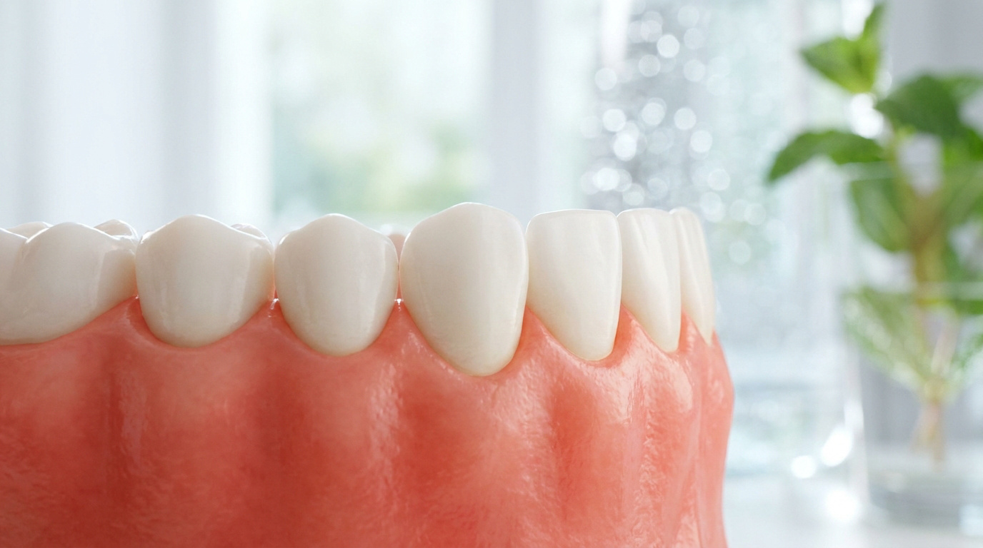 Modèle anatomique de dents et de gencives saines en gros plan sur fond lumineux avec de la menthe fraîche.