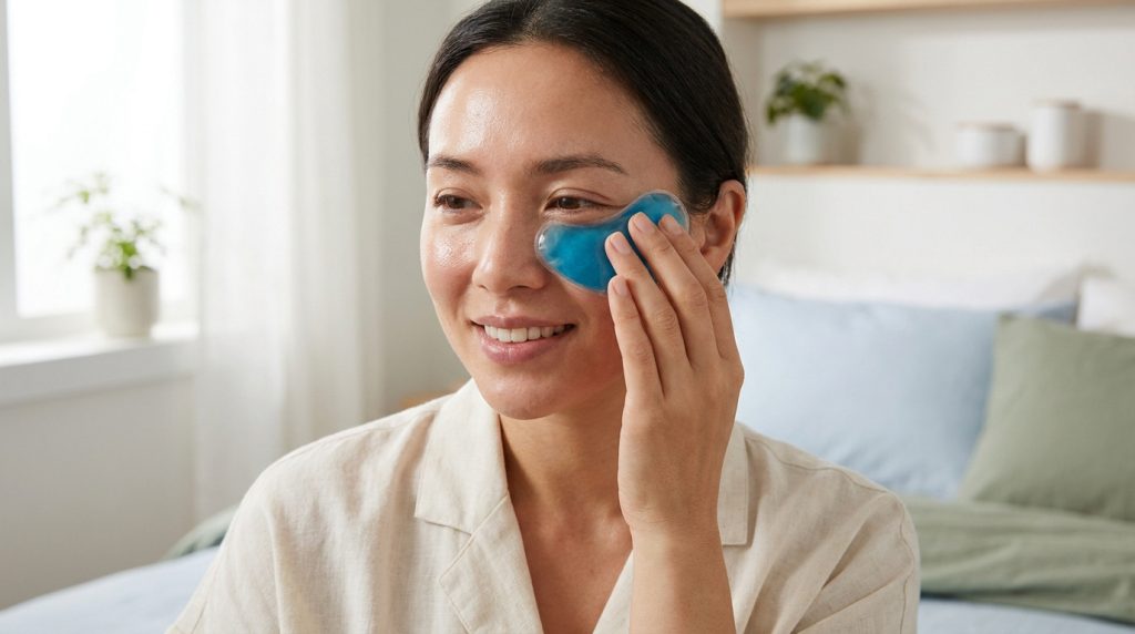 Une femme souriante applique un patch gel bleu rafraîchissant sous son œil pour réduire les cernes.